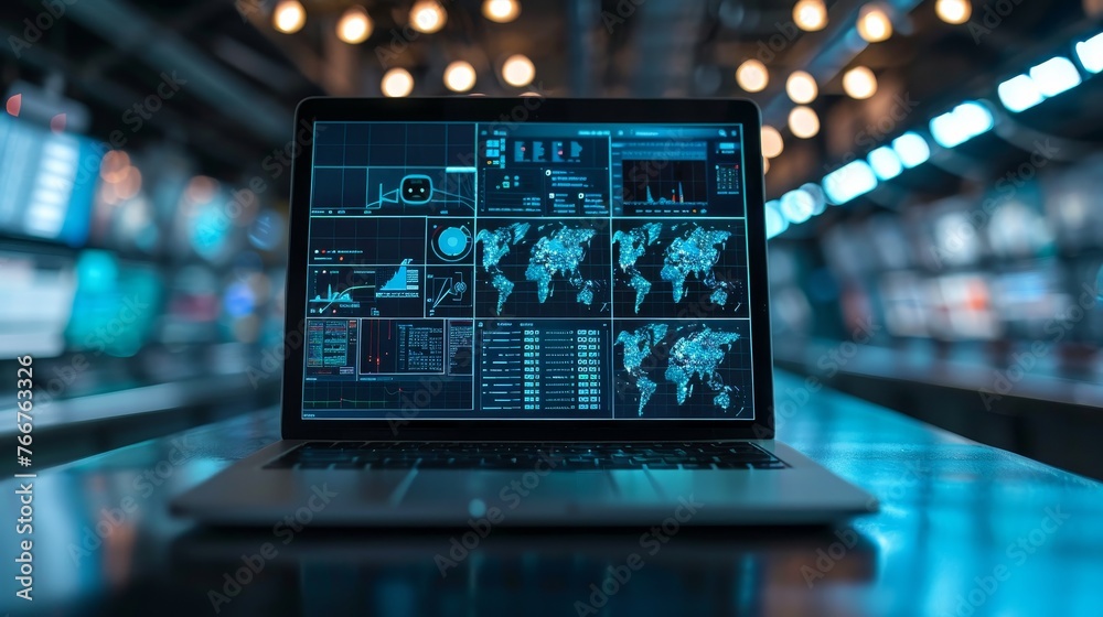 A laptop connected to a network of security cameras and monitoring systems, showcasing integrated security solutions A laptop connected to a network of security cameras and monitoring systems, showcasing integrated security solutions