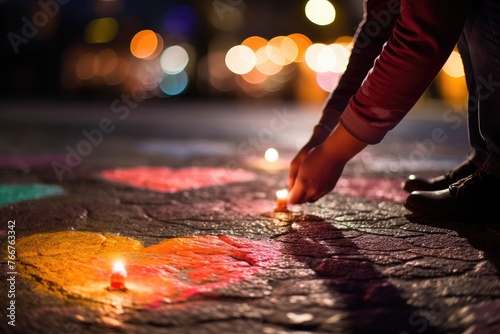 Chalk Art Love: Close-up of hands creating chalk art on a sidewalk.