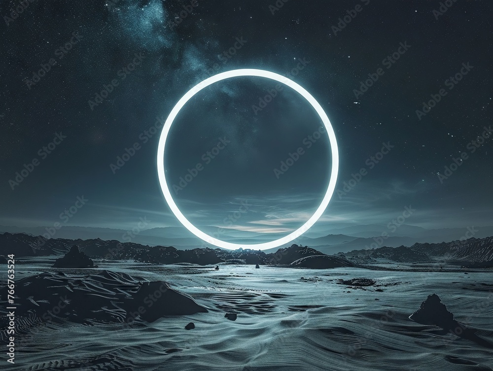 a circular portal on a night sky in the desert dark white lines highquality realistic DSLR photo high resolution