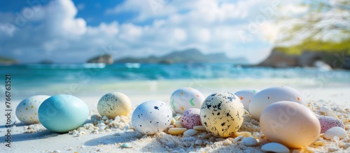 Easter decorations set against a tropical beach backdrop, featuring eggs spread out on the sandy shore. Reflecting themes of vacation and travel.