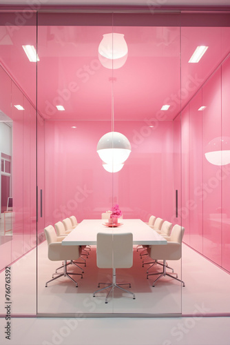 A modern pink meeting room with a glass partition and a blank white empty frame.