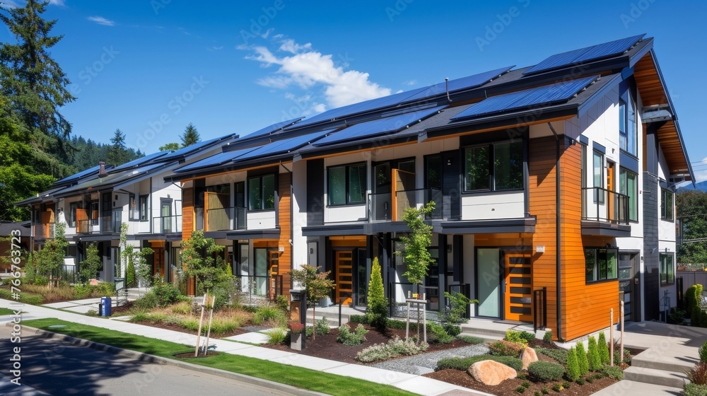 A series of townhouses built with energyefficient design features including solar panels on each rooftop and large windows to optimize . AI generation.