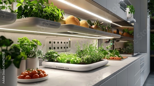 A minimalist hydroponic farm setup with futuristic technology for automated nutrient delivery and plant monitoring