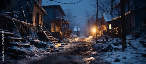 Old wooden houses in the village at night winter photo