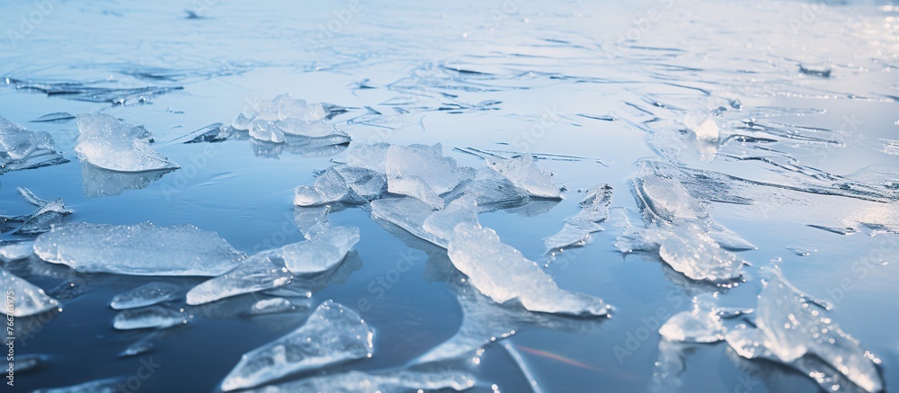 Ice floes on frozen lake in winter, panoramic view