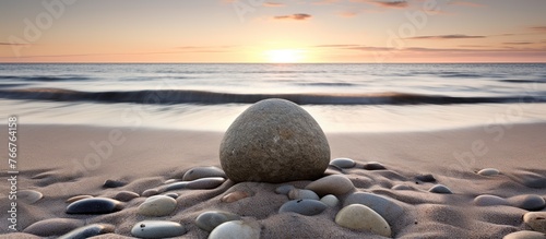 A Stone in the sand looks like a mediation calm view of the beach at sunset