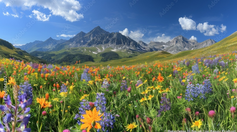 A panoramic view of a majestic mountain landscape with colorful wildflowers in the foreground