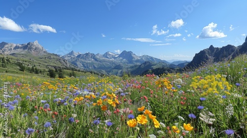 A panoramic view of a majestic mountain landscape with colorful wildflowers in the foreground