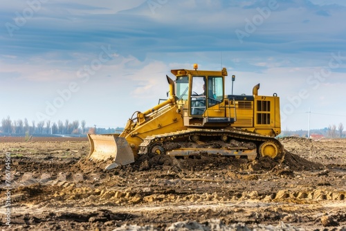 A bulldozer clearing land for a new construction project, symbolizing the transformation of landscapes for development purposes, Generative AI