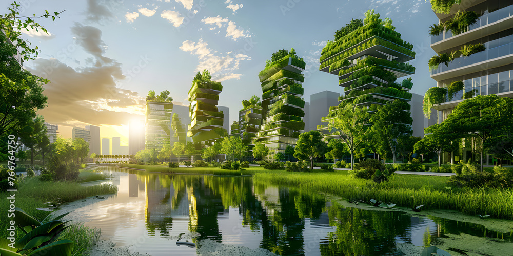 Green ecofriendly skyscrapers with plants and trees,