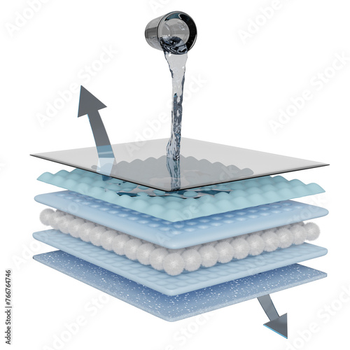 3d pour water from a drinking glass onto the absorbent pad and ventilate shows with synthetic fiber hair, water droplets for diapers, sanitary napkin, baby diaper adult concept, 3d render illustration