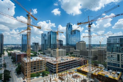 Construction cranes towering over a cityscape  symbolizing progress and development in urban environments  Generative AI