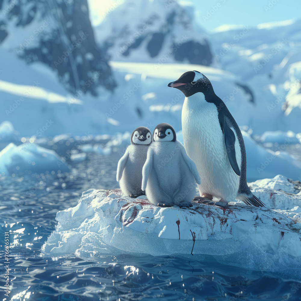 Explore the wonders of the Antarctic as a mother penguin cares for her chicks on a sunny day atop a drifting iceberg. AI generative.