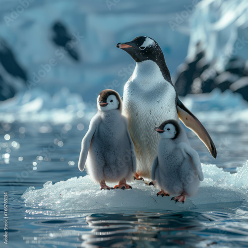 Discover the serenity of the Antarctic ocean as a mother penguin and her chicks bask in the sun atop a floating iceberg. AI generative. photo