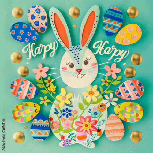 Capture the joy of Easter with a handmade paper cut craft showcasing a happy bunny and vibrant eggs against a whimsical green backdrop. AI generative.