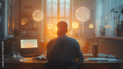 Visualize the harmony between spiritual and practical aspects of church life in a pastor's study room, featuring an open Bible and transparent bubbles. AI generative. photo