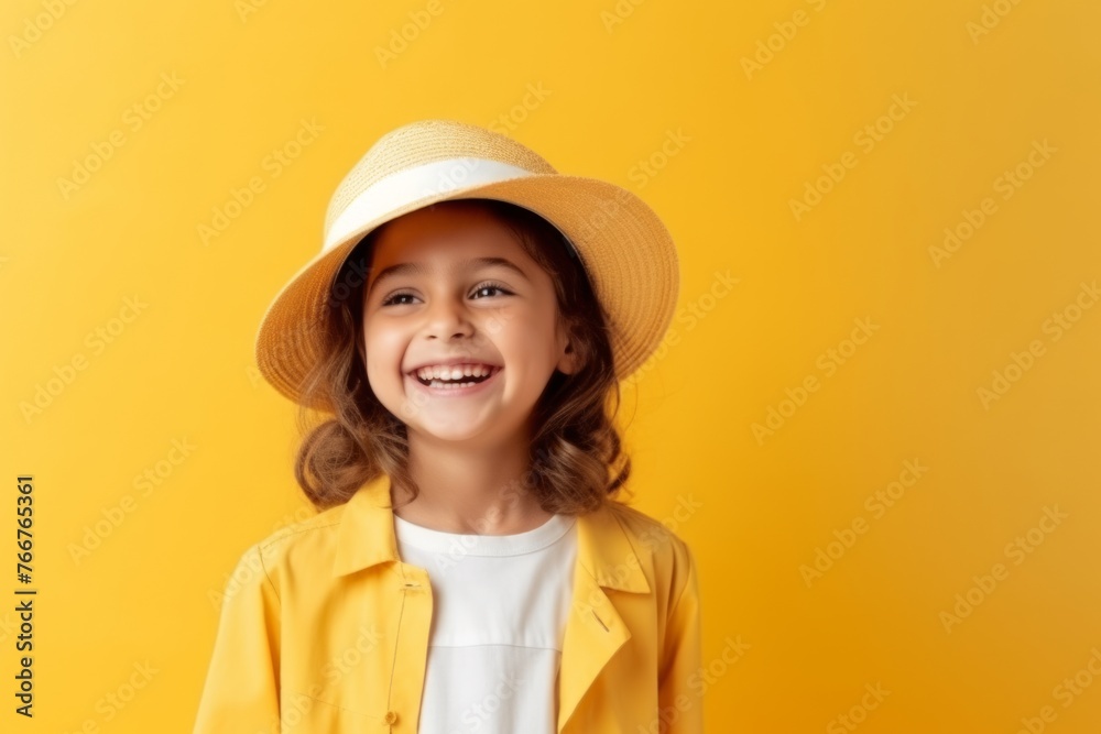 Portrait of a cute little girl in a hat on a yellow background Portrait of a cute little girl in a hat on a yellow background