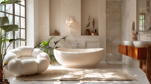 Modern Bathroom Interior with Freestanding Tub and Natural Light