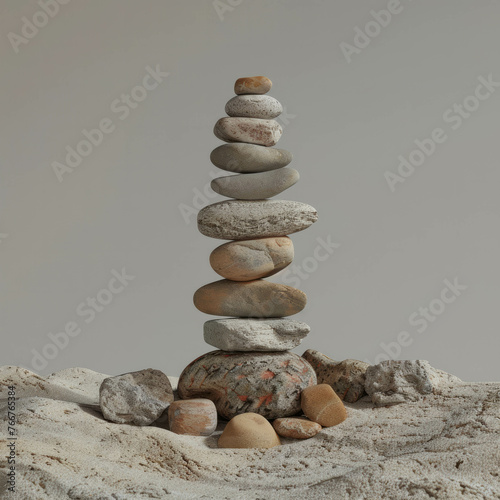 Delve into the captivating world of minimalist art with this striking stone tower of 12 pebbles. AI generative. photo