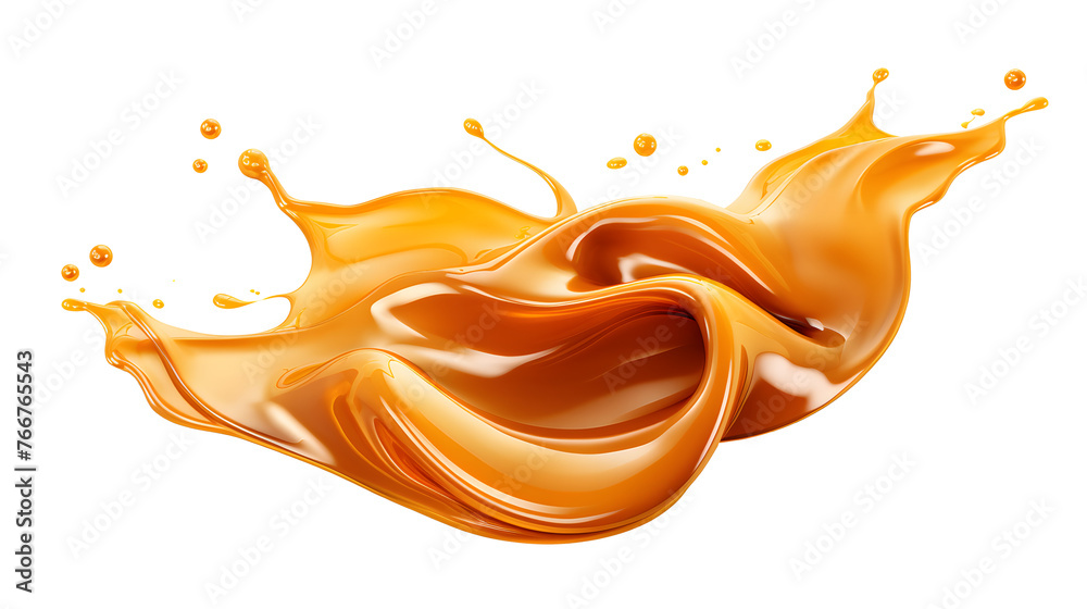 Fototapeta premium Pouring sweet caramel sauce on white and transparent background