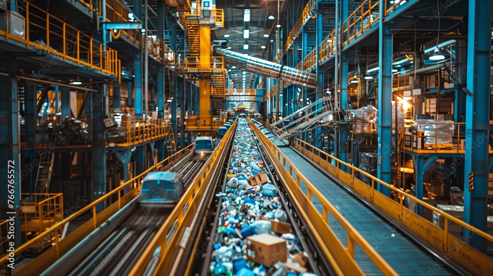  A recycling plant with conveyor belts transporting recyclable materials and workers sorting items, demonstrating the recycling process in action 