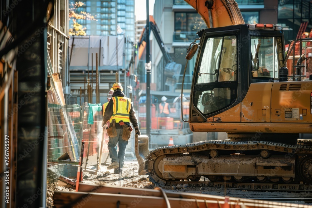 Construction workers operating heavy machinery at a bustling construction site, showcasing the dynamic environment of building projects, Generative AI