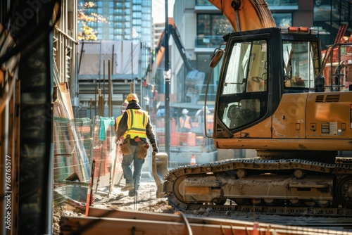 Construction workers operating heavy machinery at a bustling construction site, showcasing the dynamic environment of building projects, Generative AI