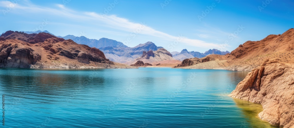 Serene and peaceful, a beautiful lake is surrounded by majestic mountains under a vibrant blue sky