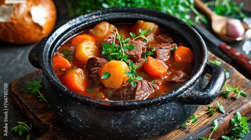 Large black pot of stew with meat and carrots