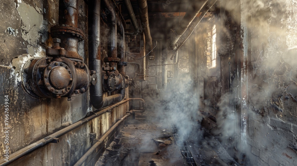 Fototapeta premium Rusty pipes and pipes release a hiss of steam creating a haunting soundtrack to the forgotten tales of the citys back alleys. Shadows dance along the walls hinting at the