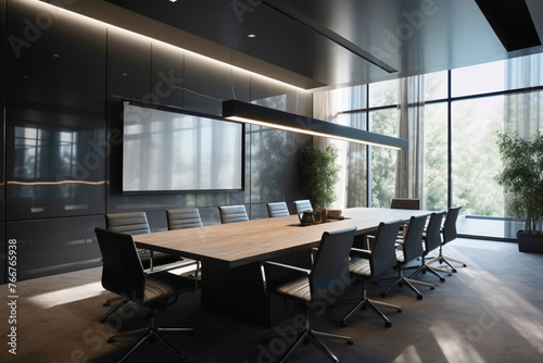 A modern meeting room with a monochromatic color scheme of varying shades of gray, sleek metallic accents, and a large LED screen for presentations. © LOVE ALLAH LOVE