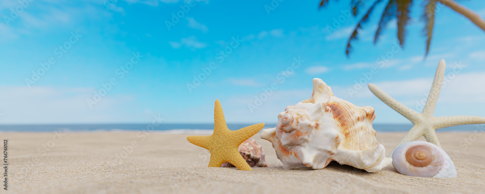 Background with blue sky and sea shells on the sand. 3d rendering Background with blue sky and sea shells on the sand. 3d rendering