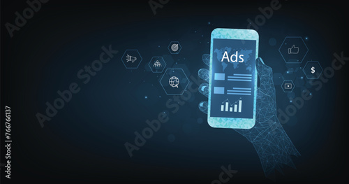 Online advertising on mobile device concept. Digital marketing strategy analysis to promotion of products or services through digital channels on a dark blue background.