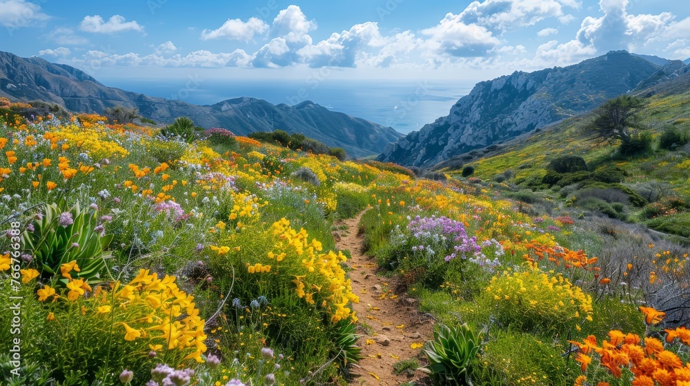 A scenic hiking trail winding through a mountainous landscape dotted with blooming flowers