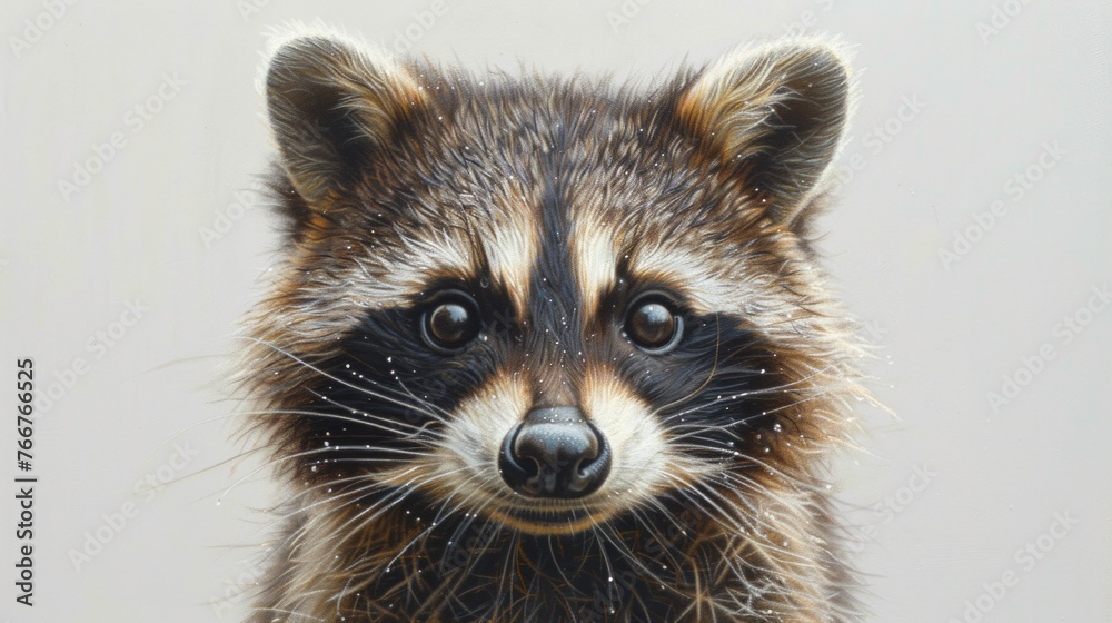 A close-up of a raccoon, its expressive face and intricate fur details highlighted, set against a white backdrop, AI Generative