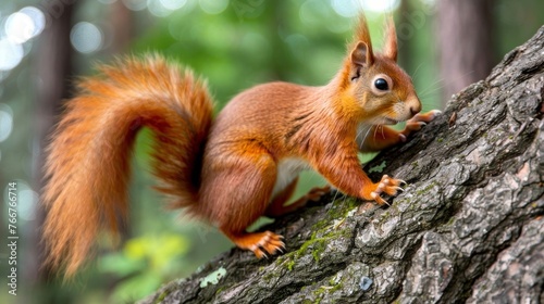 Curious red squirrel perched on a tree, its bushy tail and bright eyes capturing the essence of woodland curiosity, AI Generative © sorapop