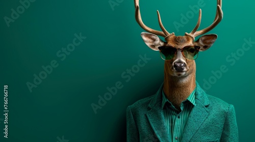 Deer with flair, suited in hipster style, sunglasses on, boss of Christmas, pastel teal green elegance, holiday creativity unleashed, AI Generative photo