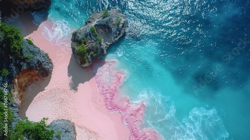 Drone's top view pink beach, soothing sunlight, wave kissed sand, tranquil beach atmosphere, AI Generative