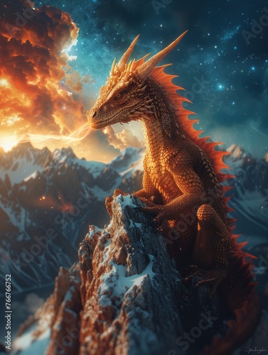 Dragon perched atop a snow-covered mountain, breathing fire under a starry sky, AI Generative