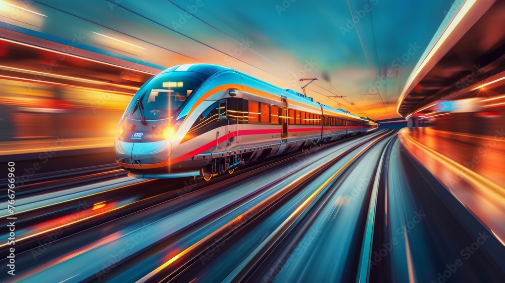 Modern high-speed train, blurring landscape, passenger and cargo concept, futuristic railroad technology, sleek design, dusk, photorealistic, AI Generative Modern high-speed train, blurring landscape, passenger and cargo concept, futuristic railroad technology, sleek design, dusk, photorealistic, AI Generative