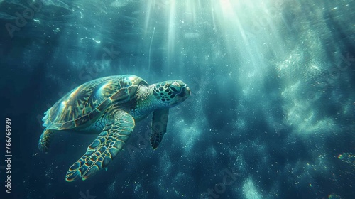 majestic sea turtle, deep blue sea, swimming gracefully, tranquil, soft focus on turtle, ethereal light filtering, AI Generative © sorapop