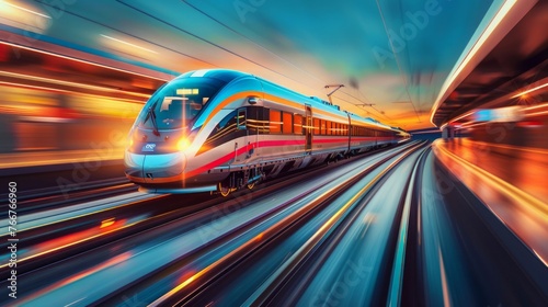 Modern high-speed train, blurring landscape, passenger and cargo concept, futuristic railroad technology, sleek design, dusk, photorealistic, AI Generative