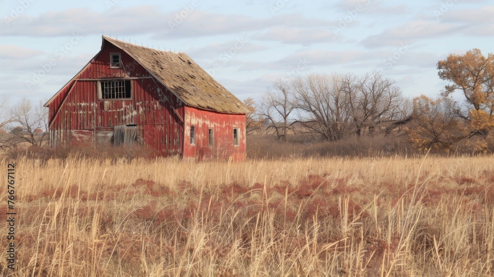 Against a backdrop of neglect and ruin a single red barn stands tall a symbol of hope and resilience for the land and its inhabitants.