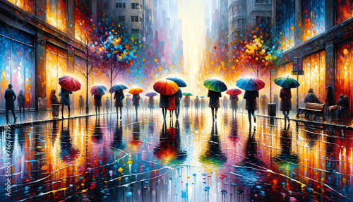 a rain-soaked city street, brought to life with pedestrians under colorful umbrellas, reflecting on the wet pavement