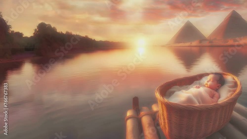 Illustration of the baby Moses in a basket by the river near the pyramid photo
