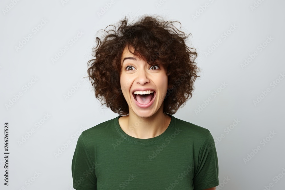 Portrait of a happy young woman with curly hair over grey background Portrait of a happy young woman with curly hair over grey background