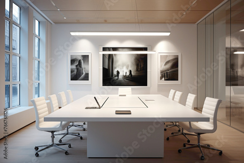 A modern meeting room with a blend of functionality and elegance. The pristine white empty frame on the wall stands as a versatile display area.