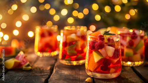 a closeup of a glass with strawberries on the backdrop of twinkling string lights at dusk
