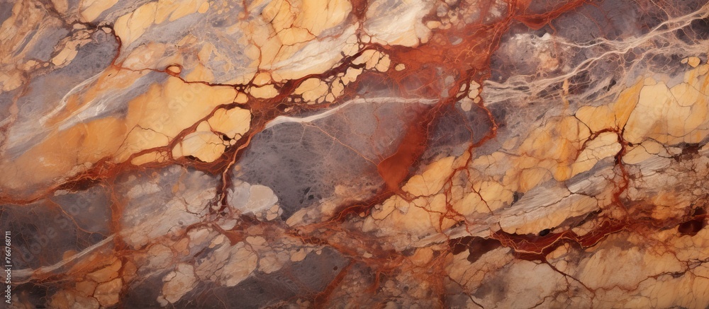 An up-close view of a marble slab featuring vibrant red and yellow colors