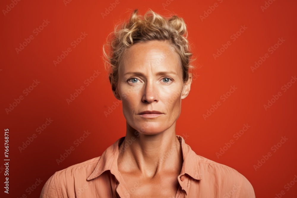 Portrait of a middle-aged woman against a red background. Portrait of a middle-aged woman against a red background.